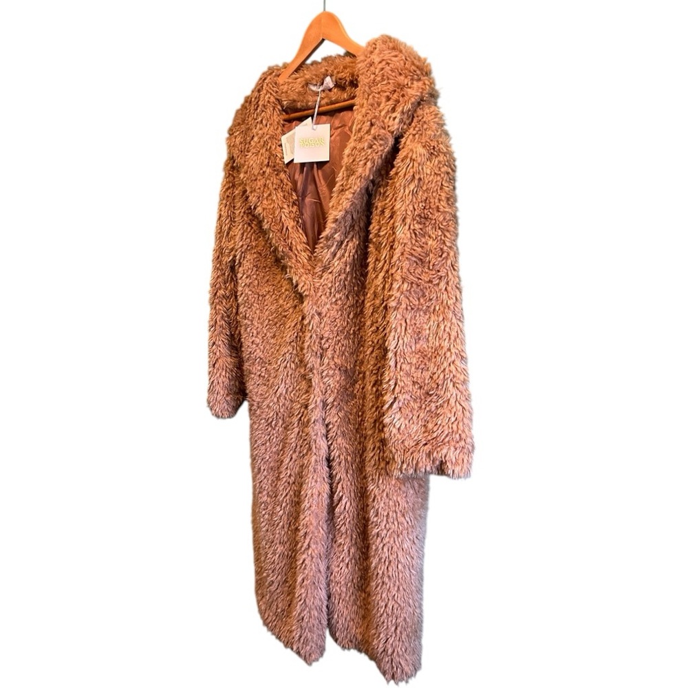 Teddy Jacket Coat with Hood - Faux Fur with Gold Snaps Soft and Plush Tan/Brown